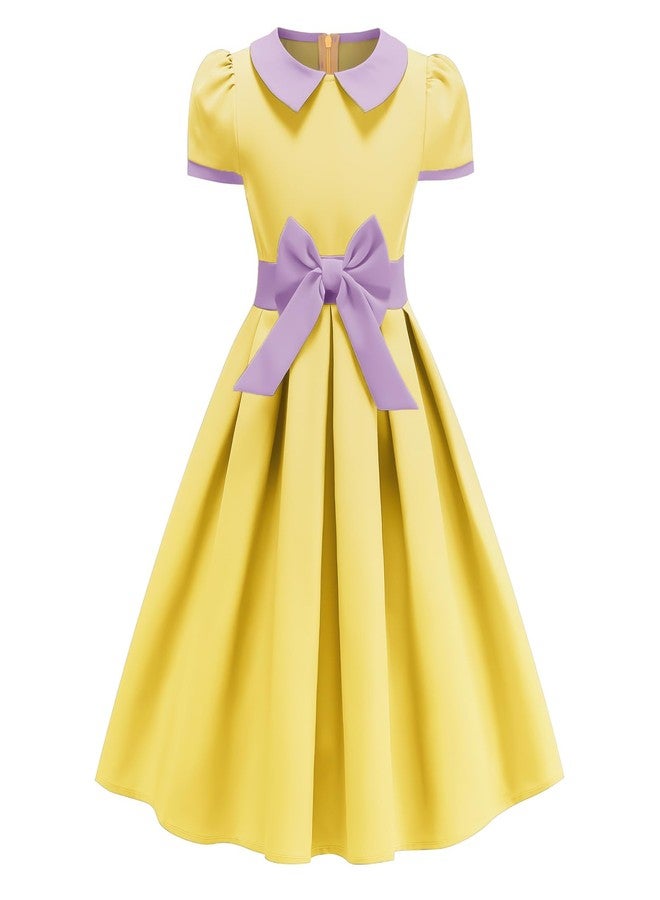 IWEMEK Kids 1950s Vintage Dresses for Girls 50s Outfits Doll Collar Bowknot Audrey Hepburn Rockabilly Cocktail Swing Dress Short Sleeve Pleated Retro 50s Style Tea Party Prom Church Clothes Yellow 9-10 Years - Image 1